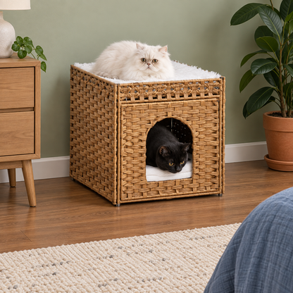 Hand-Woven Indoor Cat Cave House Bed with Double Resting Spots