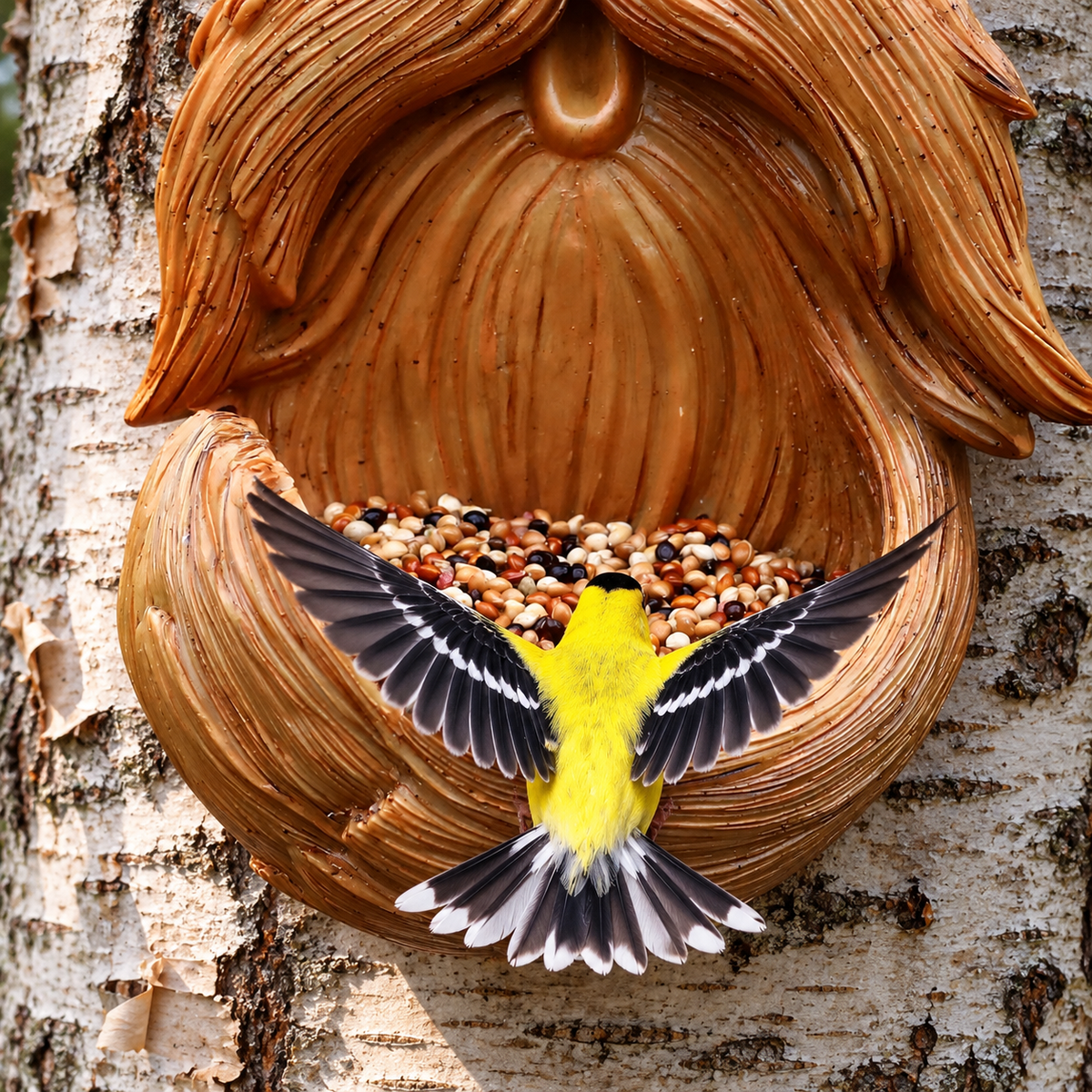 Resin Tree Face Bird Feeder Sculpture with Large Feeding Dish for Garden Décor