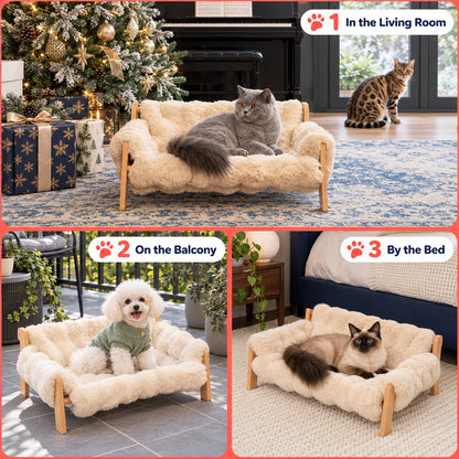 Elevated Wooden Pet Sofa Bed with Plush for Cats & Small Dogs