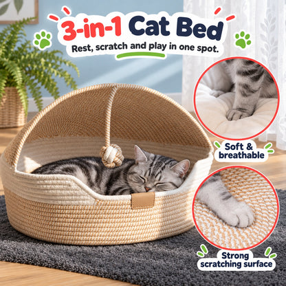 Handwoven Cat Cave Basket Bed with Cushion and Scratching Sisal