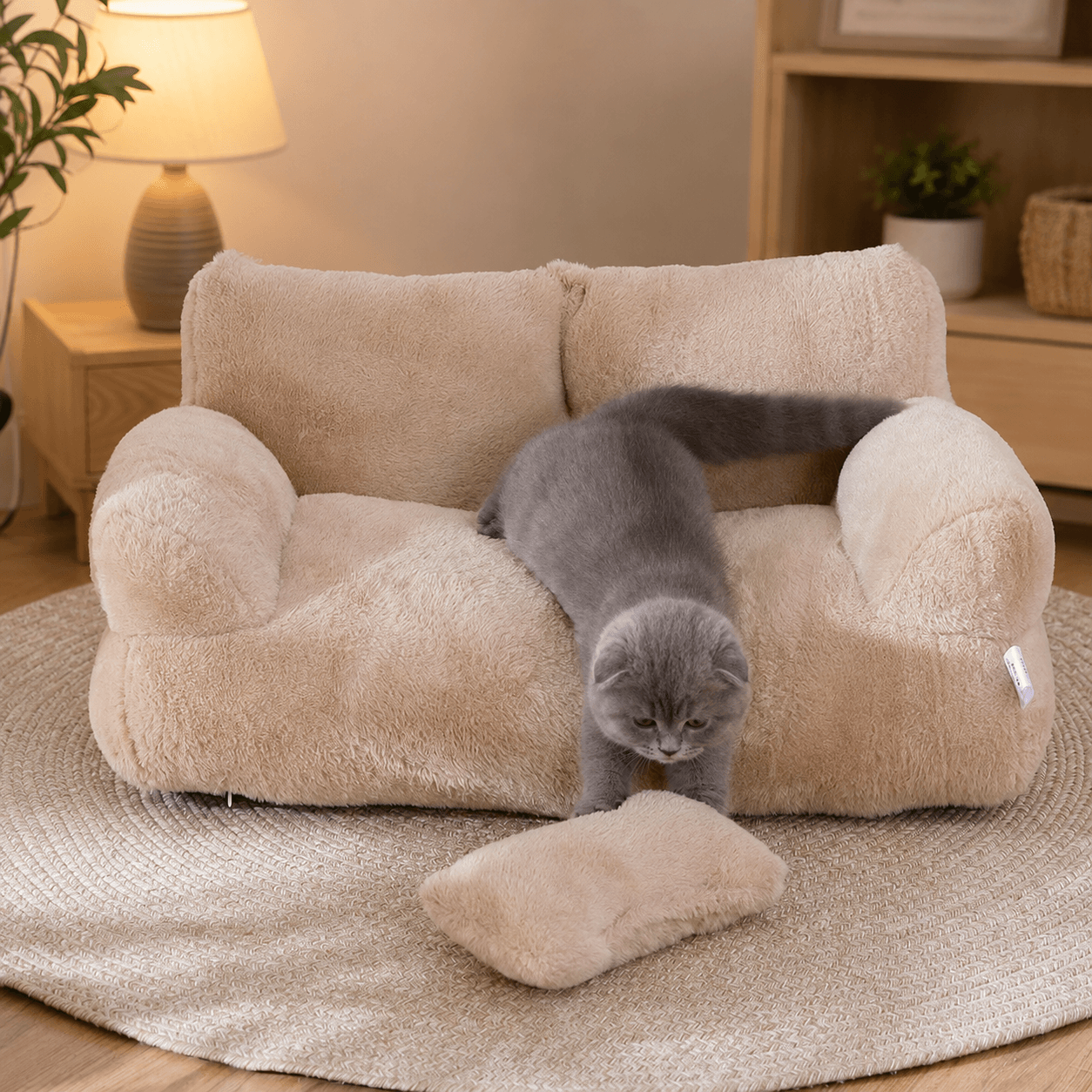 Fluffy Sofa-Shaped Pet Bed with Pillow