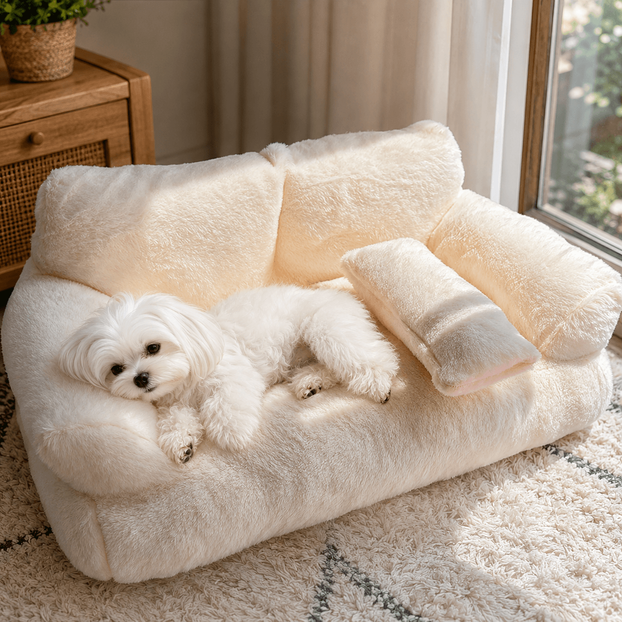 Fluffy Sofa-Shaped Pet Bed with Pillow