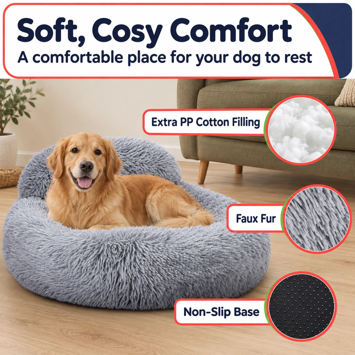 Plush dog bed features