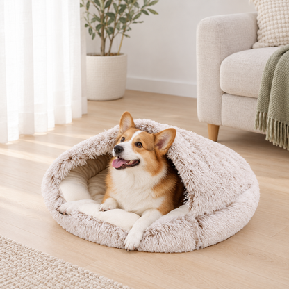 Calming Warm Cosy Winter Plush Faux Fur Round Doughnut Pet Cave Bed for Dogs & Cats