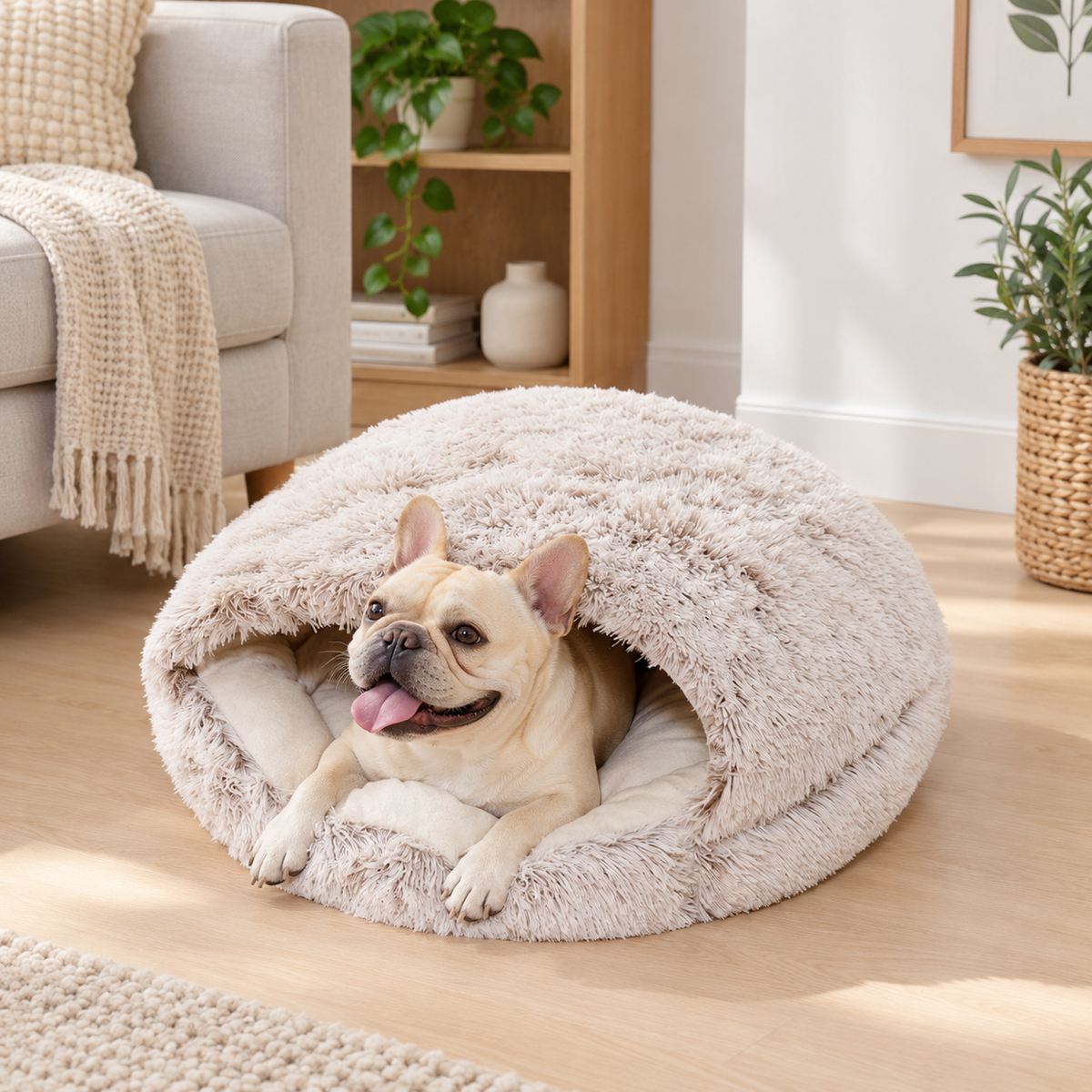 Calming Warm Cosy Winter Plush Faux Fur Round Doughnut Pet Cave Bed for Dogs & Cats