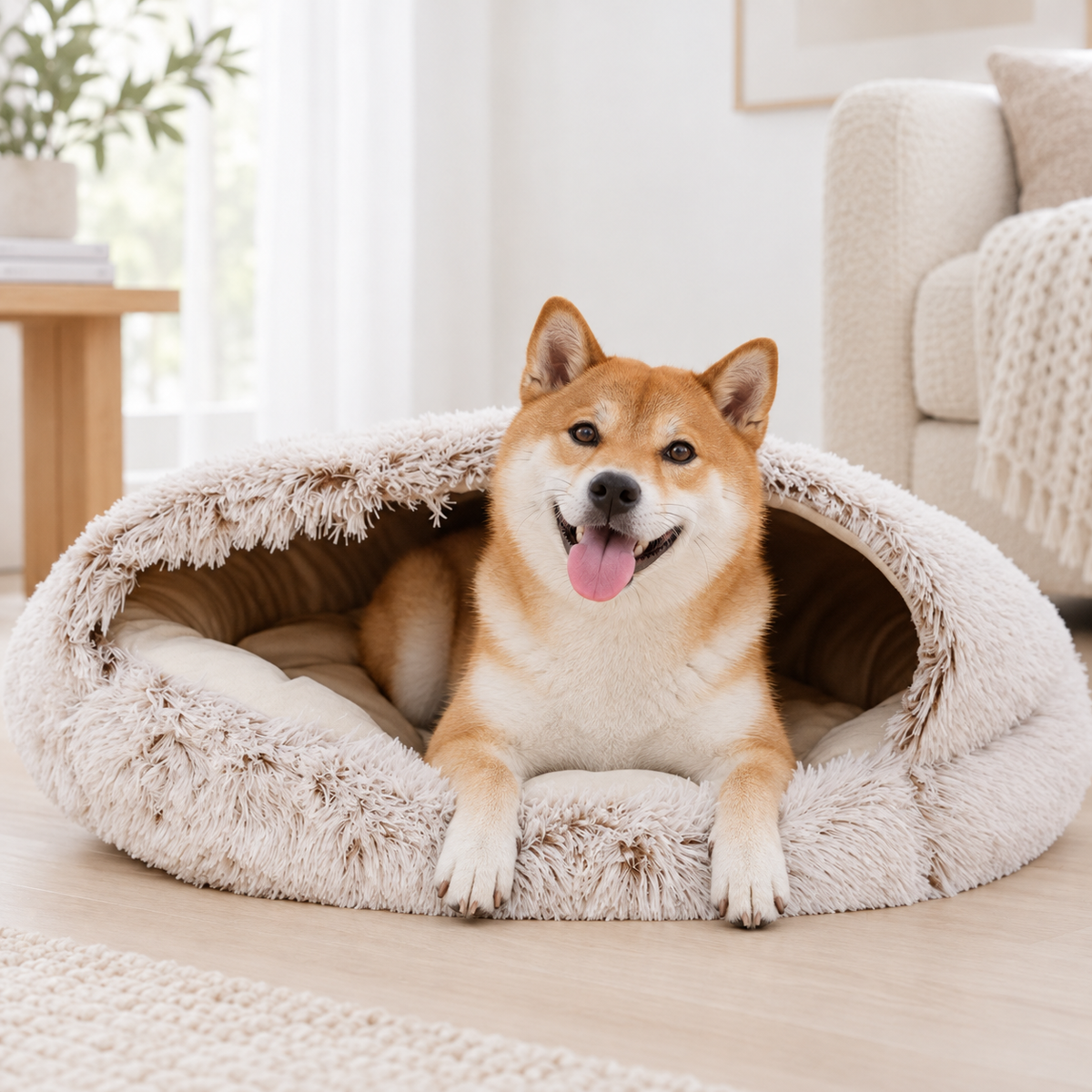 Calming Warm Cosy Winter Plush Faux Fur Round Doughnut Pet Cave Bed for Dogs & Cats