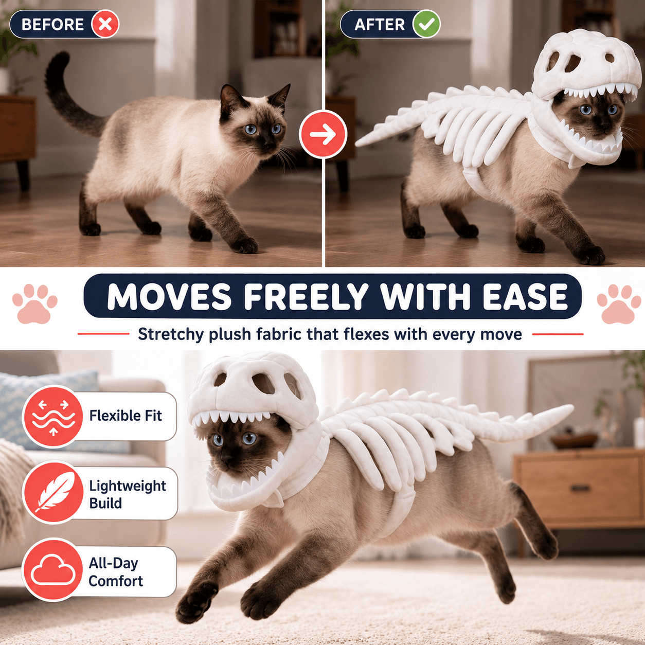 Glowing Dinosaur Skeleton Halloween Pet Costume for Cats & Small and Medium Dogs