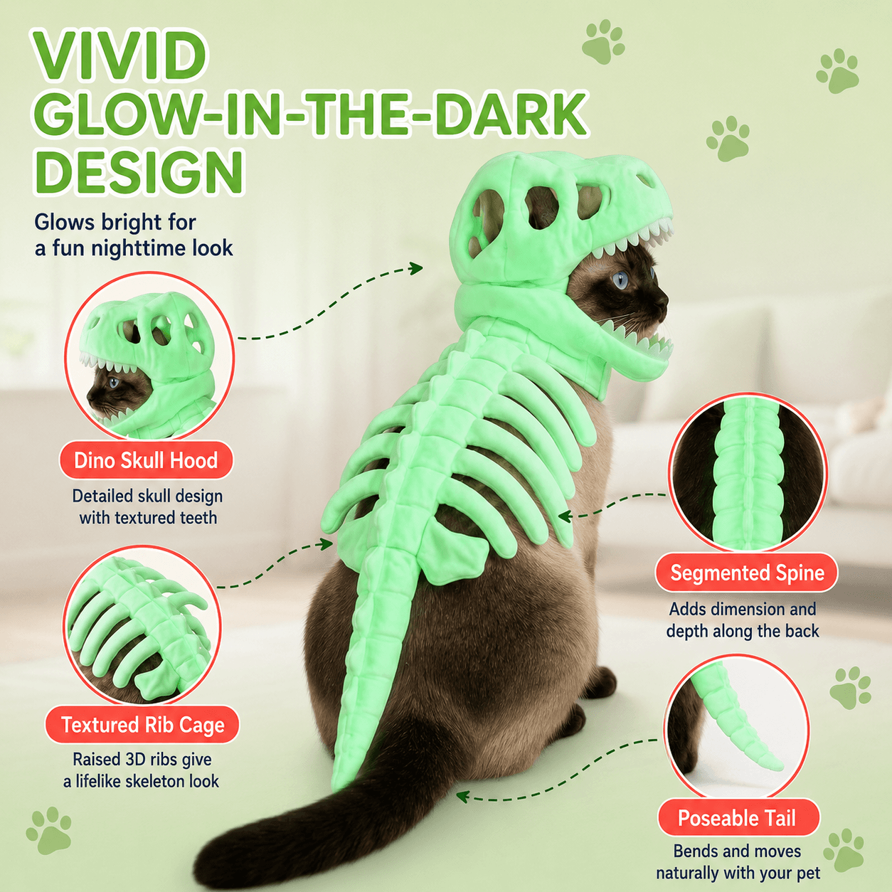 Glowing Dinosaur Skeleton Halloween Pet Costume for Cats & Small and Medium Dogs
