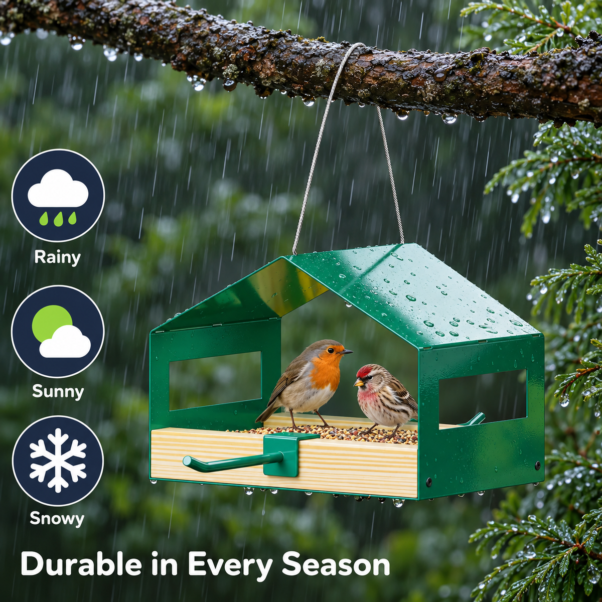 Hanging Metal Bird House Feeder with Stainless Steel Mesh Tray, Rainproof Roof & Perch