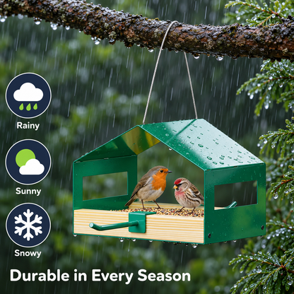 Hanging Metal Bird House Feeder with Stainless Steel Mesh Tray, Rainproof Roof & Perch