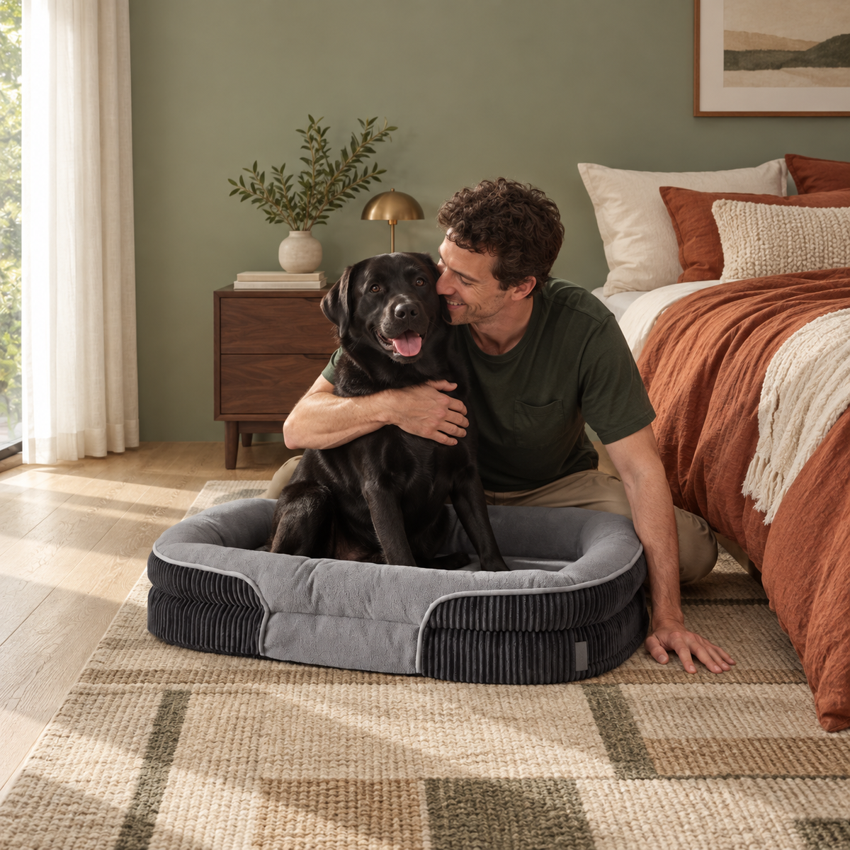 Dog relaxing beside its owner in a grey bed