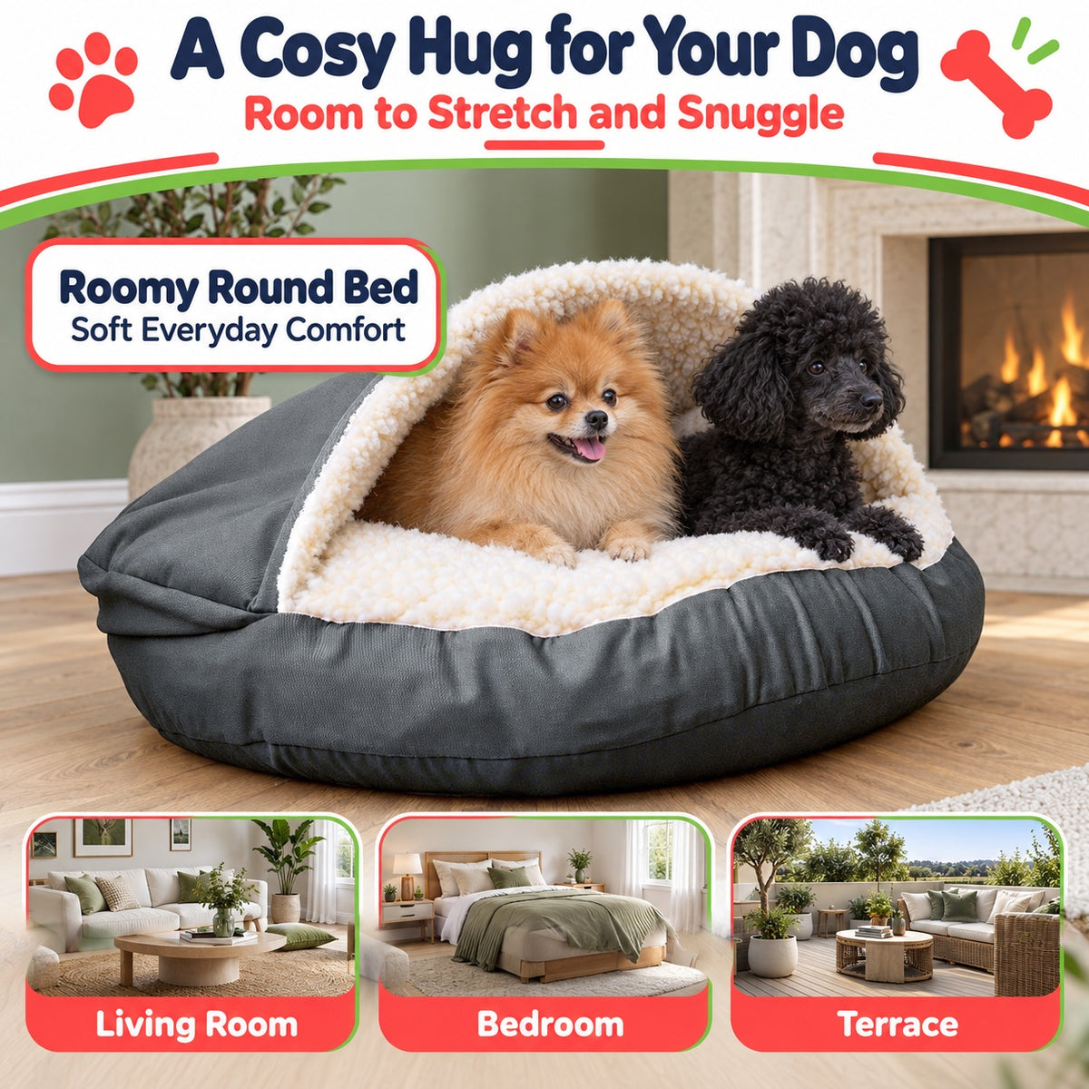 Roomy hooded dog bed for cosy rest