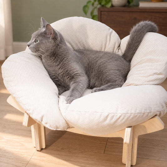 Elevated Wooden Flower Shaped Cat Bed with Washable Cushion