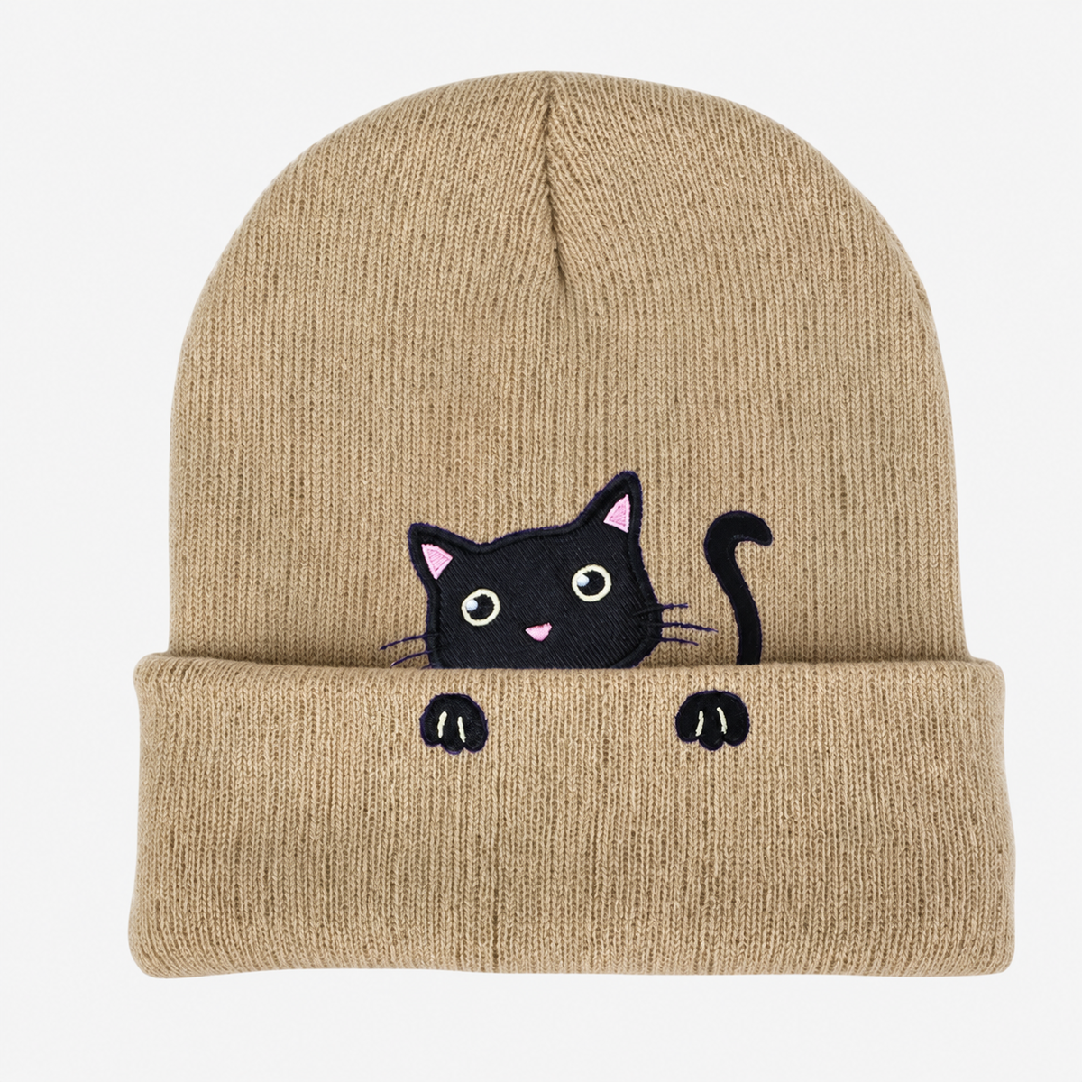 Cute Embroidered Cat Knitted Beanie with Fold-Up Cuff and Stretch Fit
