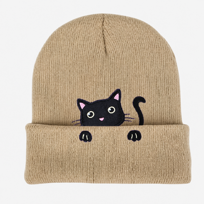 Cute Embroidered Cat Knitted Beanie with Fold-Up Cuff and Stretch Fit