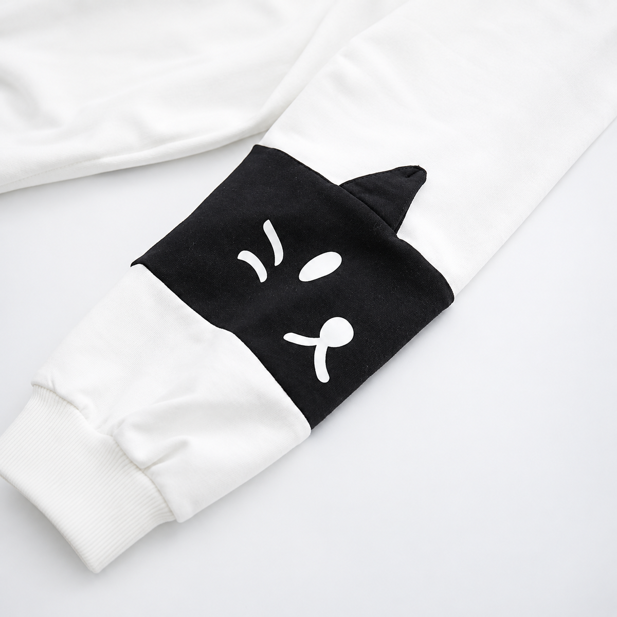 Oversized Pullover Cat Ear Hoodie with Cute Cat Print and Colour-Block Sleeves