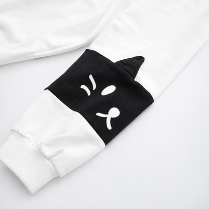 Oversized Pullover Cat Ear Hoodie with Cute Cat Print and Colour-Block Sleeves
