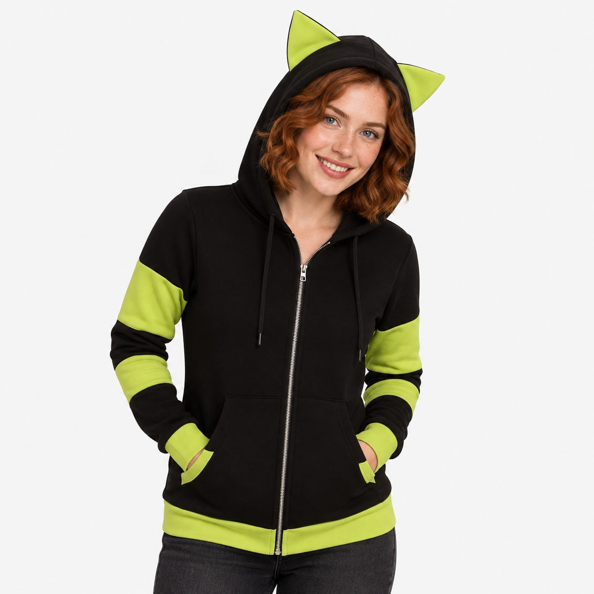 Striped cat ear zip hoodie lifestyle view