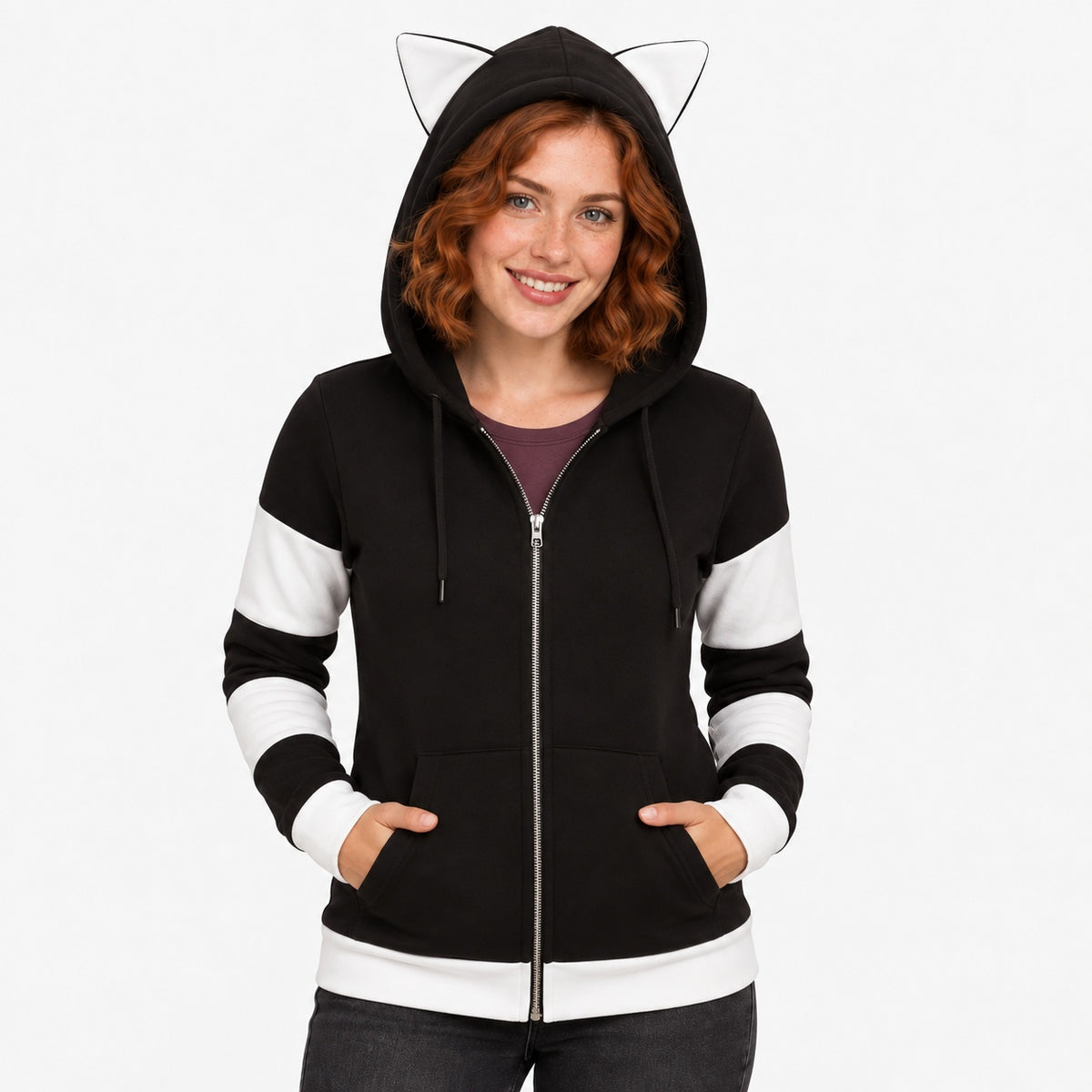 Striped cat ear zip hoodie lifestyle view