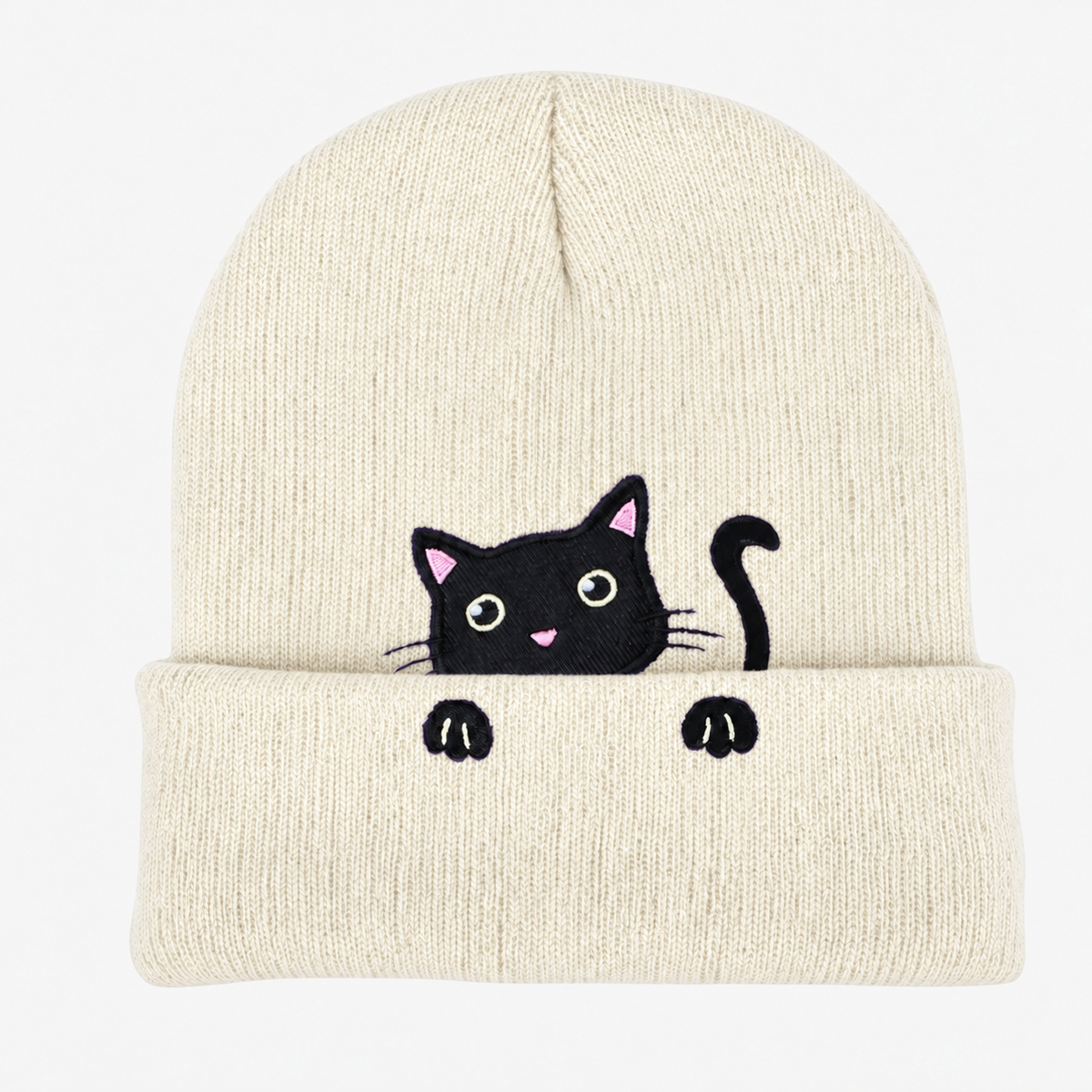 Cute Embroidered Cat Knitted Beanie with Fold-Up Cuff and Stretch Fit