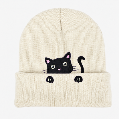 Cute Embroidered Cat Knitted Beanie with Fold-Up Cuff and Stretch Fit