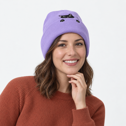 Cute Embroidered Cat Knitted Beanie with Fold-Up Cuff and Stretch Fit
