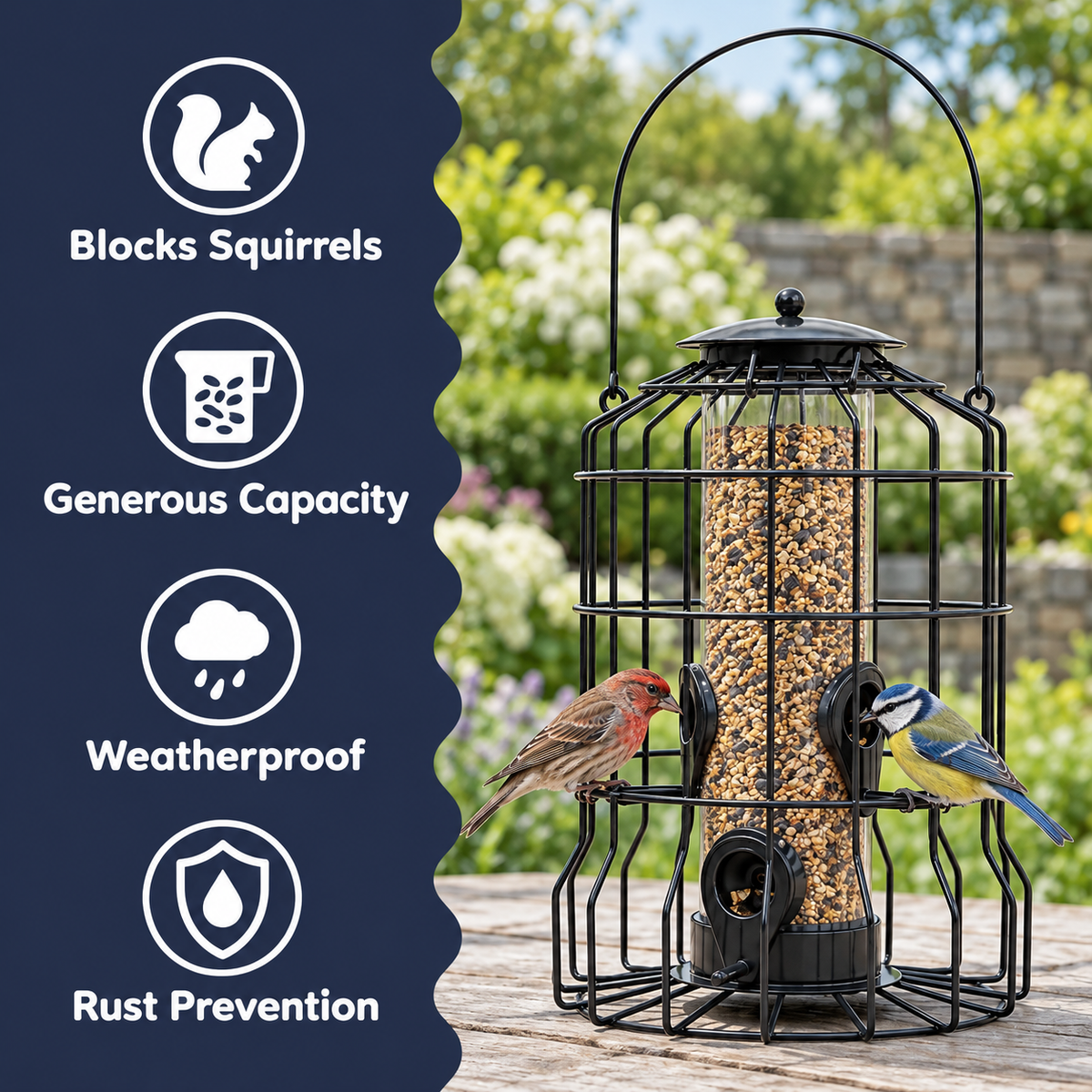 Black Metal Squirrel-Proof Bird Feeder with 4 Feeding Ports and Protective Cage