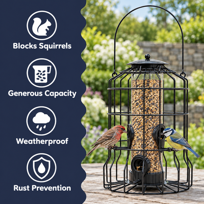 Black Metal Squirrel-Proof Bird Feeder with 4 Feeding Ports and Protective Cage