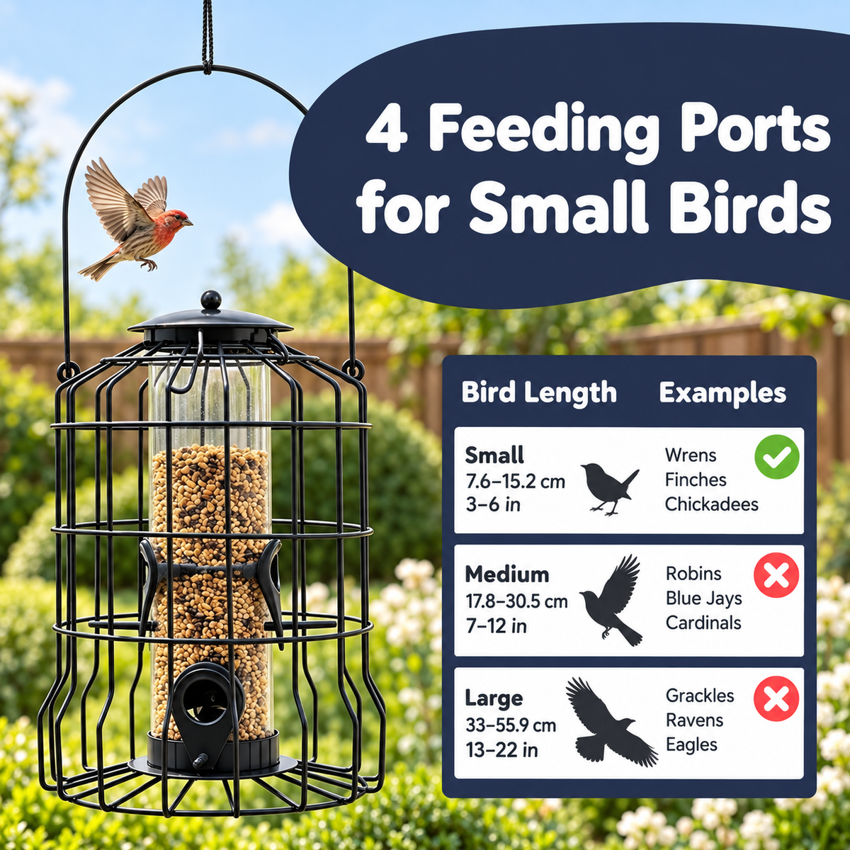 Black Metal Squirrel-Proof Bird Feeder with 4 Feeding Ports and Protective Cage