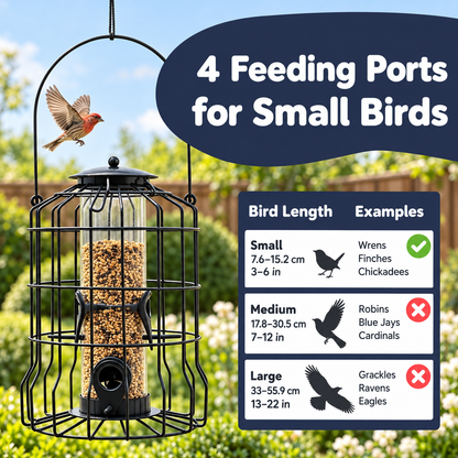 Black Metal Squirrel-Proof Bird Feeder with 4 Feeding Ports and Protective Cage