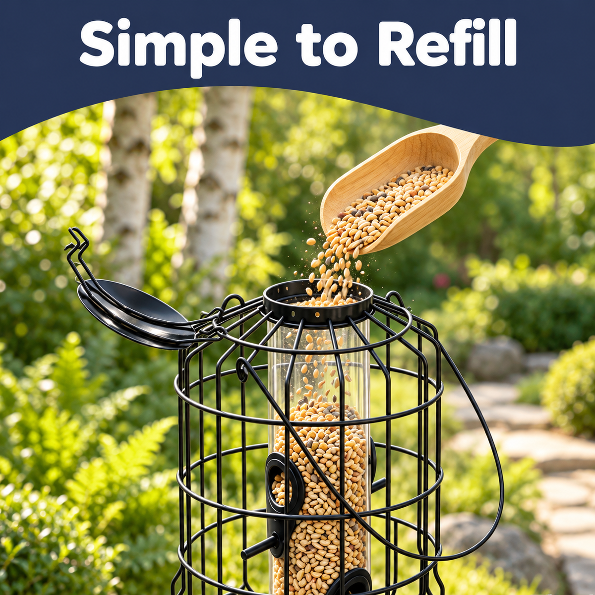 Black Metal Squirrel-Proof Bird Feeder with 4 Feeding Ports and Protective Cage
