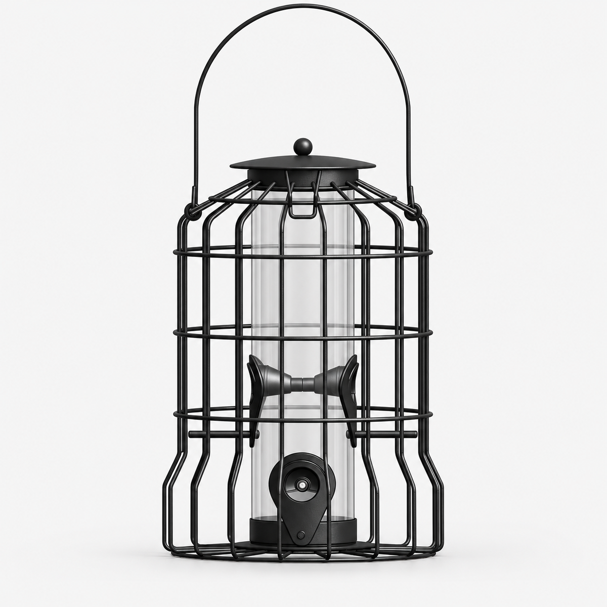 Black Metal Squirrel-Proof Bird Feeder with 4 Feeding Ports and Protective Cage
