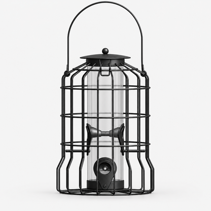 Black Metal Squirrel-Proof Bird Feeder with 4 Feeding Ports and Protective Cage