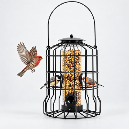 Black Metal Squirrel-Proof Bird Feeder with 4 Feeding Ports and Protective Cage