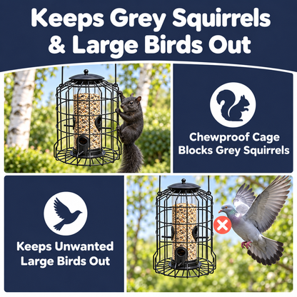 Black Metal Squirrel-Proof Bird Feeder with 4 Feeding Ports and Protective Cage