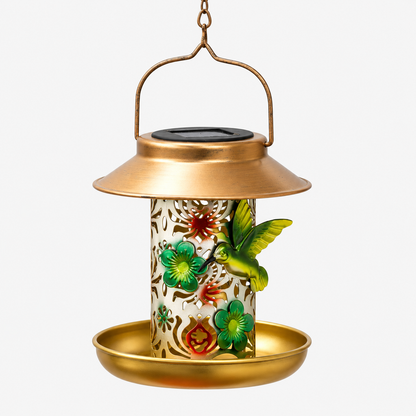 Solar Metal Bird Feeder Lantern with LED Light & Hanging Hook