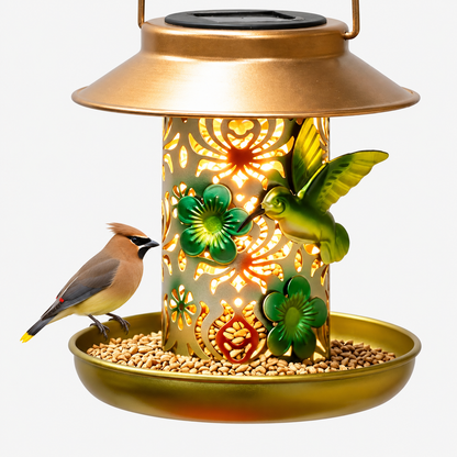 Solar Metal Bird Feeder Lantern with LED Light & Hanging Hook