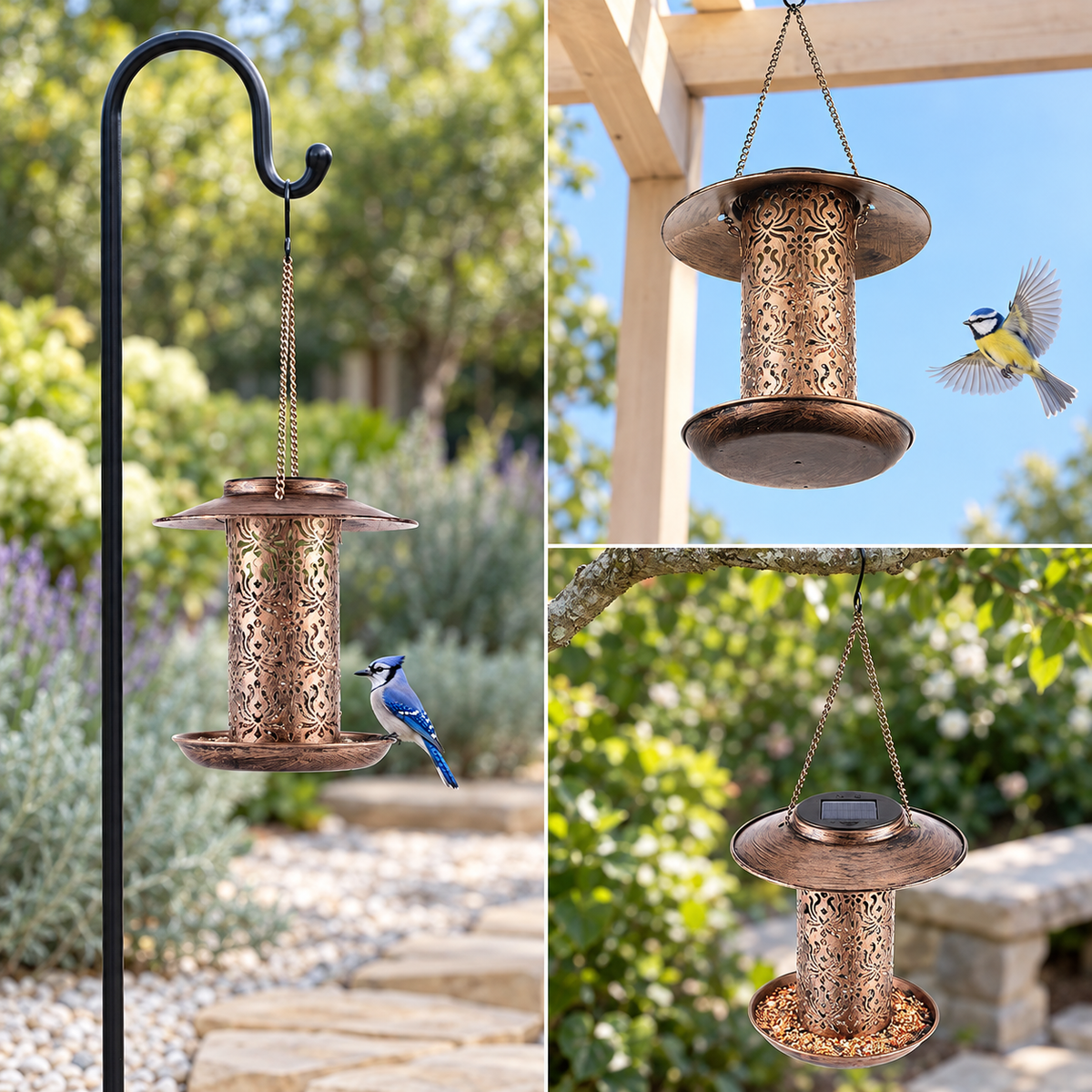 Solar Metal Bird Feeder Lantern with 1 kg Capacity, LED Light & Hanging Hook
