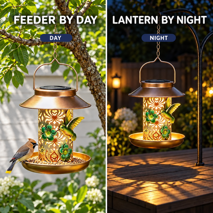 Solar Metal Bird Feeder Lantern with LED Light & Hanging Hook
