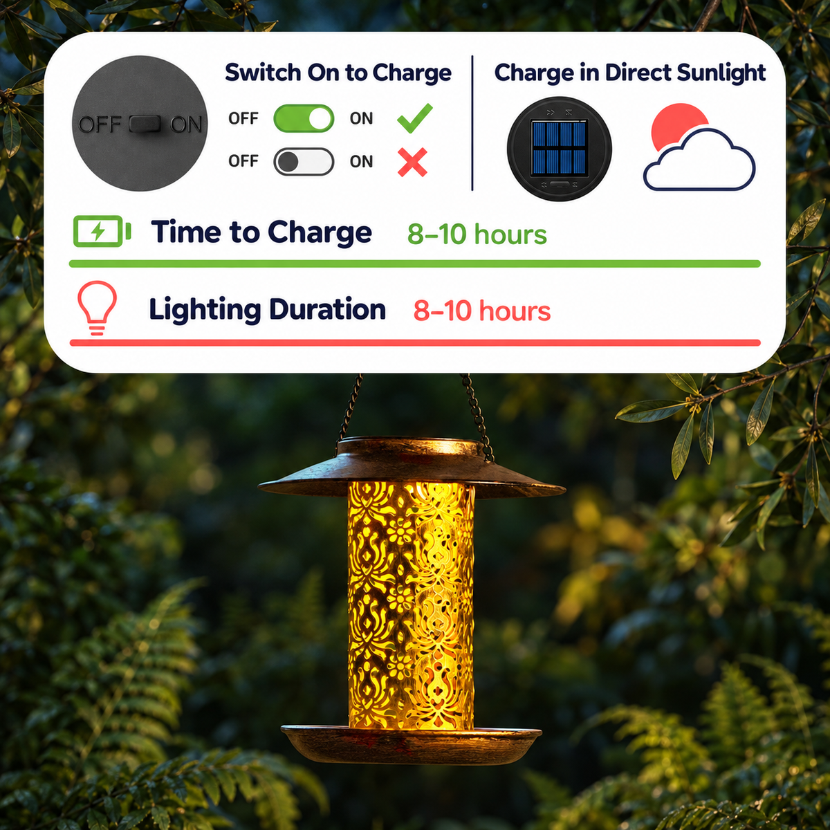 Solar Metal Bird Feeder Lantern with 1 kg Capacity, LED Light & Hanging Hook