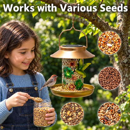 Solar Metal Bird Feeder Lantern with LED Light & Hanging Hook