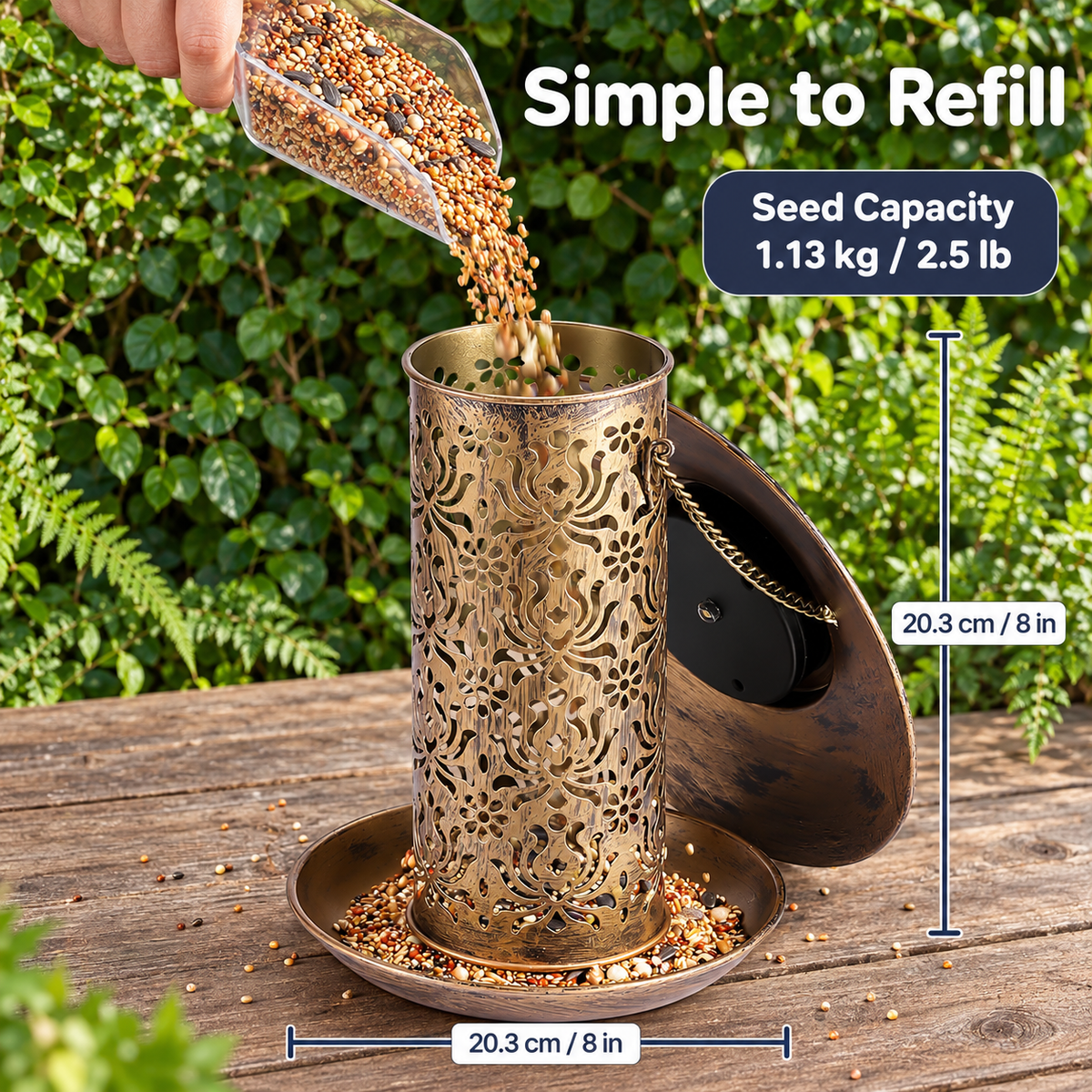 Solar Metal Bird Feeder Lantern with 1 kg Capacity, LED Light & Hanging Hook