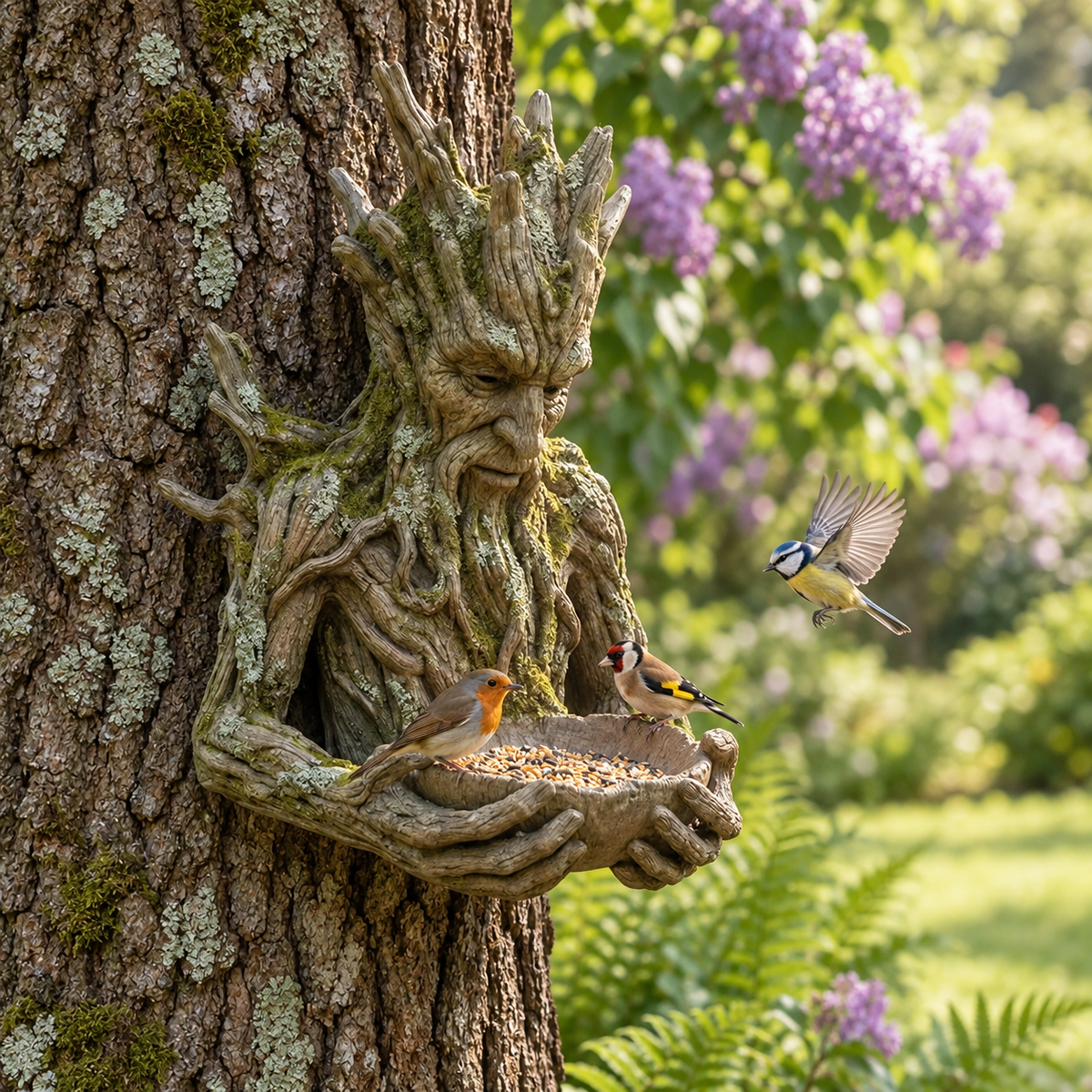 Resin Bird Feeder Tree Spirit Sculpture with Hidden Hanger for Garden Décor