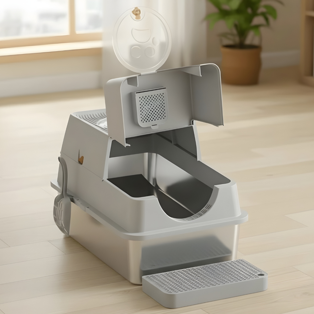Large Flip-Top Stainless Steel Litter Box