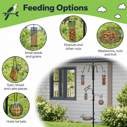 Steel Bird Feeding Station with 6 Hooks, 4 Feeders, Water & Mesh Trays