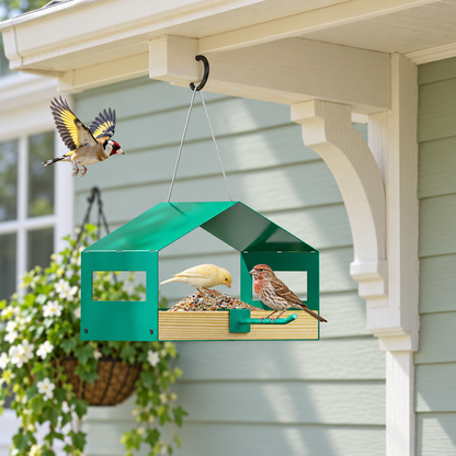 Hanging Metal Bird House Feeder with Stainless Steel Mesh Tray, Rainproof Roof & Perch