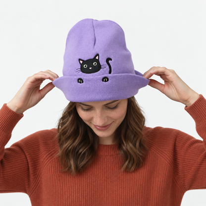 Cute Embroidered Cat Knitted Beanie with Fold-Up Cuff and Stretch Fit