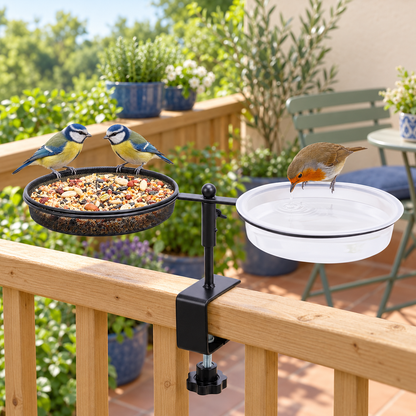 Deck-Mount Bird Feeder & Planter with Mesh Tray, Water Bowl & 360° Rotation