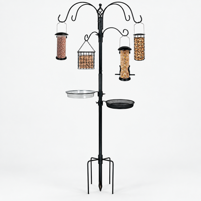 Steel Bird Feeding Station with 6 Hooks, 4 Feeders, Water & Mesh Trays