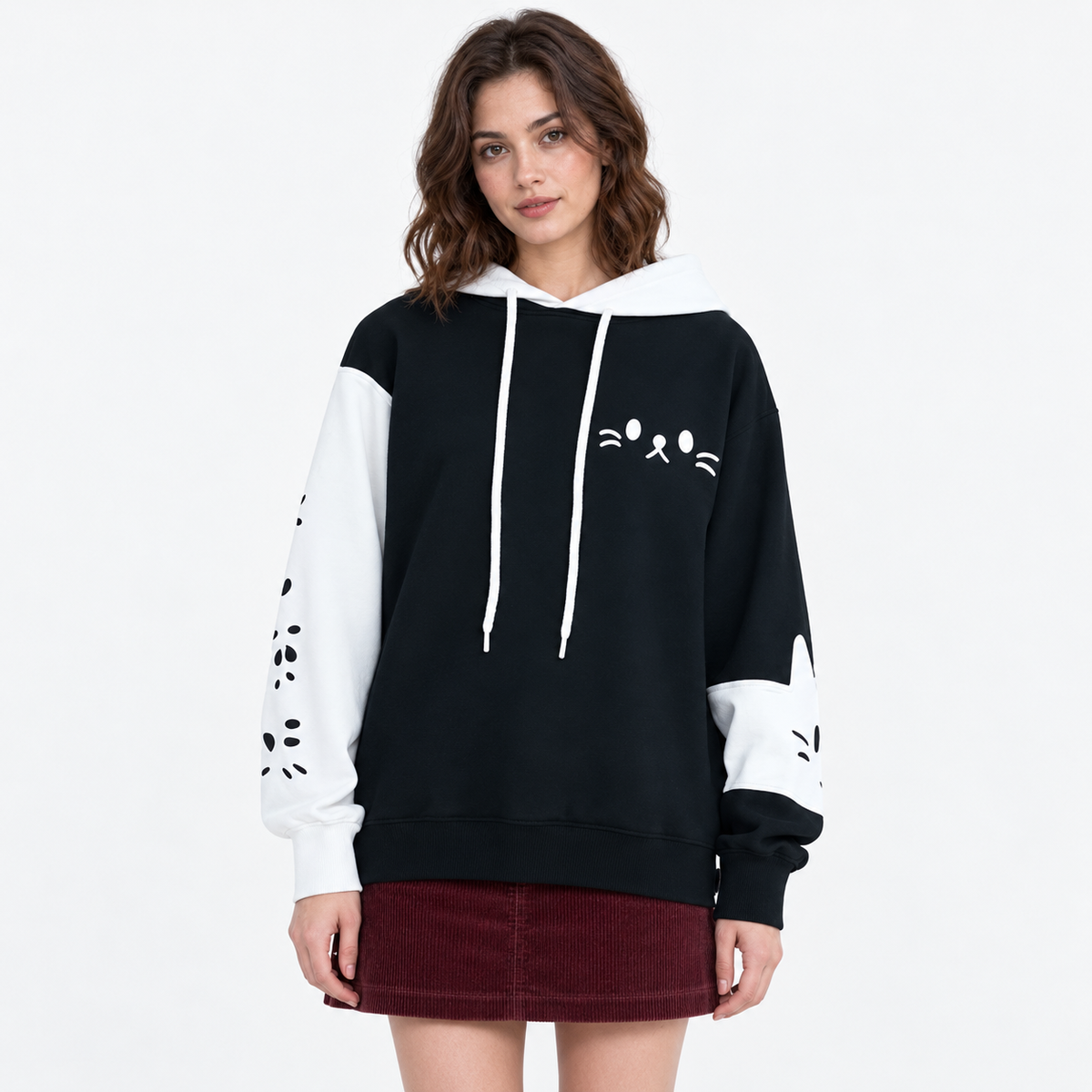 Oversized Pullover Cat Ear Hoodie with Cute Cat Print and Colour-Block Sleeves